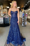 Navy Mermaid V-Neck Spaghetti Straps Lace Appliques Prom Dresses, PL682