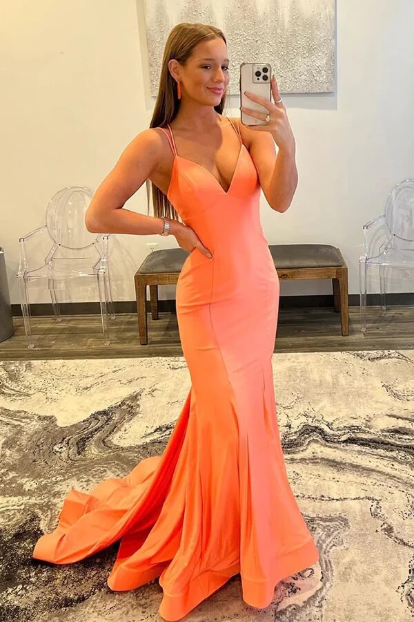 Orange Mermaid V Neck Tight Prom Dresses With Train, PL629 | Promnova