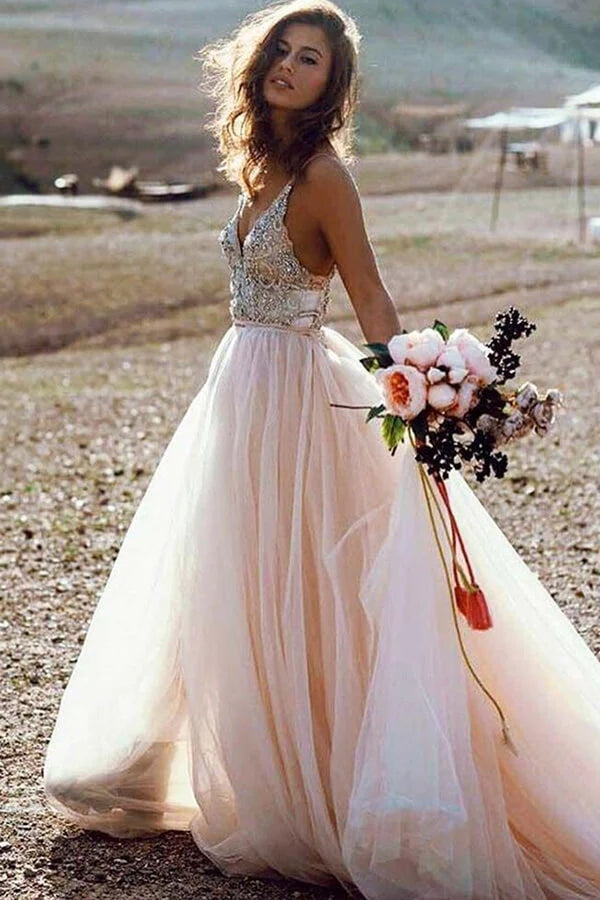 Flowy Tulle A-line V-neck Beaded Beach Wedding Dress with Lace Appliques,  SW537