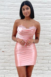 Pink Satin Strapless Sweetheart Short Homecoming Dresses With Lace, PH425