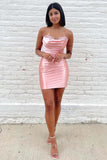 Pink Satin Strapless Sweetheart Short Homecoming Dresses With Lace, PH425 image 2