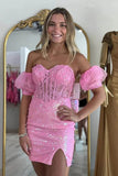 Pink Sequins Strapless Lace Appliqued Homecoming Dress Wiith Sleeves, PH445