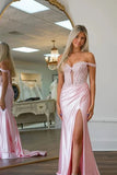 Pink Silk Satin Mermaid Off-the-Shoulder Long Prom Dress With Appliques, PL651 image 2