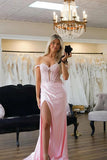 Pink Silk Satin Mermaid Off-the-Shoulder Long Prom Dress With Appliques, PL651