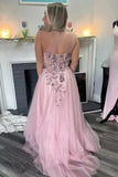 Pink Tulle A-line One Shoulder Long Prom Dresses With Lace Appliques, PL652 image 2