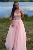 Pink Tulle A Line Strapless Sweetheart Neck Floor Length Prom Dresses, PL672