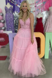 Pink Tulle A Line V Neck Spaghetti Straps Lace Appliques Prom Dresses, PL696