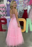 Pink Tulle A Line V Neck Spaghetti Straps Lace Appliques Prom Dresses, PL696 image 2