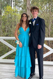 Pretty Blue A Line V Neck Chiffon Tiered Floor Length Prom Dresses, PL680 | blue prom dress | a line prom dress | cheap prom dress | promnova.com