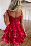 Red A Line V Neck Sequins Lace Appliques Short Homecoming Dresses, PH427 image 2