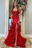 Red Mermaid Strapless V Neck Pleated Layered Long Prom Dresses, PL677