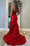 Red Mermaid Strapless V Neck Pleated Layered Long Prom Dresses, PL677 | mermaid prom dress | prom dresses near me | evening dress | promnova.com