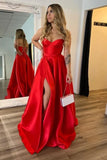 Red Satin A Line Sweetheart Lace Up Long Prom Dresses With Slit, PL705 | simple prom dress | prom dresses near me | party dress | promnova.com