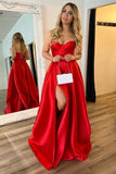 Red Satin A Line Sweetheart Lace Up Long Prom Dresses With Slit, PL705