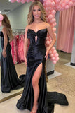 Red Satin Mermaid Strapless V Neck Slit Long Prom Dresses With Bow, PL703 image 3