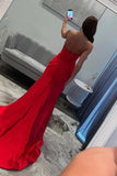 Red Satin Mermaid Strapless V Neck Slit Long Prom Dresses With Bow, PL703 image 2