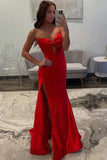 Red Satin Mermaid Strapless V Neck Slit Long Prom Dresses With Bow, PL703 image 1