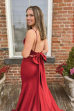 Red Satin Mermaid V Neck Long Prom Dresses With Bow, Evening Dress, PL650 image 2