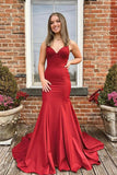 Red Satin Mermaid V Neck Long Prom Dresses With Bow, Evening Dress, PL650 image 1