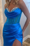 Royal Blue Satin Mermaid Strapless Beaded Prom Dresses With Side Slit, PL666 | simple prom dresses online | party dresses | evening dresses | promnova.com