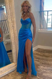 Royal Blue Satin Mermaid Strapless Beaded Prom Dresses With Side Slit, PL666 | cheap long prom dresses | new arrival prom dress | slit prom dress | promnova.com