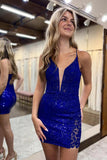 Royal Blue Sequins Backless Appliqued Short Homecoming Dresses, PH423