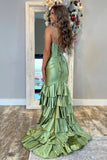 Sage Satin Tiered Mermaid V Neck Spaghetti Straps Long Prom Dresses, PL695 | new arrival prom dress | party dress | prom dresses near me | promnova.com