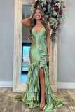 Sage Satin Tiered Mermaid V Neck Spaghetti Straps Long Prom Dresses, PL695