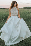 Satin A Line Two Pieces Halter Backless Lace Wedding Dresses, Bridal Gown, PW417 image 1