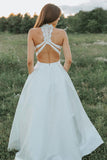 Satin A Line Two Pieces Halter Backless Lace Wedding Dresses, Bridal Gown, PW417 image 2