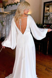 Satin A Line V Neck Long Sleeves Wedding Dresses WIth Slit, Bridal Dress, PW410 image 2