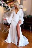 Satin A Line V Neck Long Sleeves Wedding Dresses WIth Slit, Bridal Dress, PW410