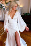 Satin A Line V Neck Long Sleeves Wedding Dresses WIth Slit, Bridal Dress, PW410 image 3