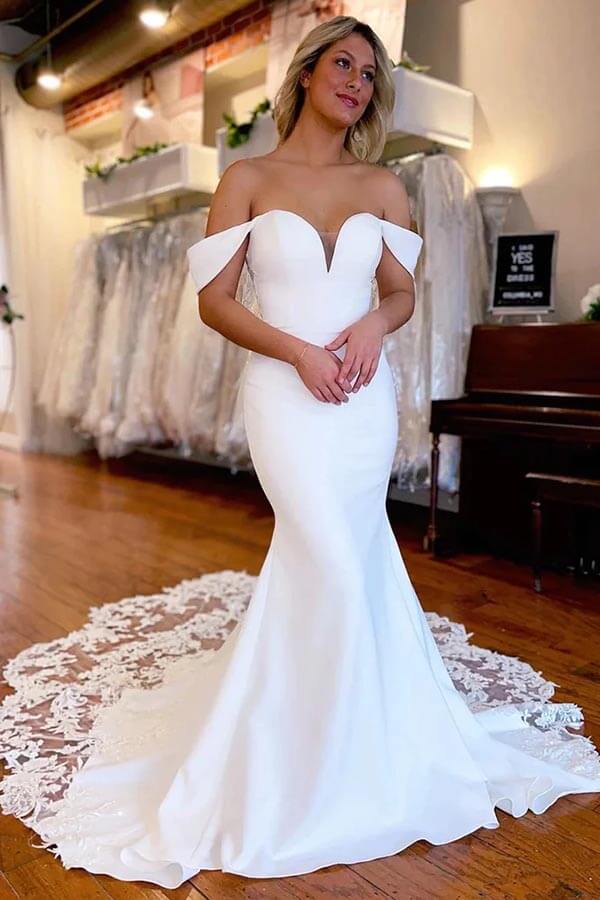 Simple Satin Mermaid V Neck Backless Wedding Dresses With Court Train, PW286