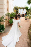 Satin Mermaid Off-the-Shoulder Puff Sleeves Chapel Train Wedding Dress, PW443 image 4