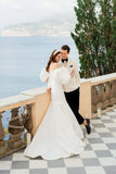 Satin Mermaid Off-the-Shoulder Puff Sleeves Chapel Train Wedding Dress, PW443 image 3