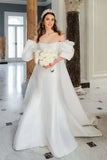 Satin Mermaid Off-the-Shoulder Puff Sleeves Chapel Train Wedding Dress, PW443 image 1