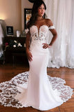 Satin Mermaid Off-the-Shoulder Wedding Dresses With Lace Appliques, PW445 image 1