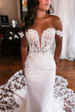 Satin Mermaid Off-the-Shoulder Wedding Dresses With Lace Appliques, PW445 image 3