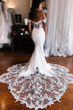 Satin Mermaid Off-the-Shoulder Wedding Dresses With Lace Appliques, PW445 image 2