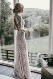 Sheath High Neckline Open Back Long Sleeves Lace Wedding Dresses, PW426 image 1