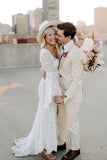 Sheath Lace Long Sleeves V Neck Wedding Dresses With Sweep Train, PW438