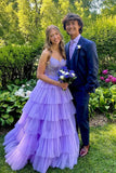 Shiny Lilac A Line V Neck Ruffle Spaghetti Straps Lace Long Prom Dresses, PL702