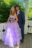 Shiny Lilac A Line V Neck Ruffle Spaghetti Straps Lace Long Prom Dresses, PL702 | tulle prom dress | long formal dress | party dress | promnova.com