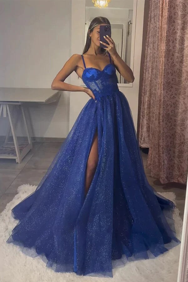 Shiny Royal Blue A Line Sweetheart Lace Prom Dress, PL594