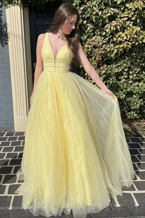 Shiny Tulle Yellow A Line Beaded Long Prom Dresses, Evening Dresses, PL607