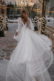 Soft Tulle A Line V Neck Long Sleeves Bohemian Wedding Dresses, PW441 image 3