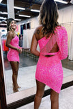 Spakrly Hot Pink Sequins One Shoulder Short Homecoming Dresses, PH446 image 2