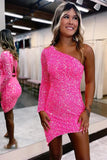 Spakrly Hot Pink Sequins One Shoulder Short Homecoming Dresses, PH446 image 1