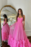 Sparkly Fuchsia Tulle A Line Strapless Ruffle Tiered Long Prom Dresses, PL670